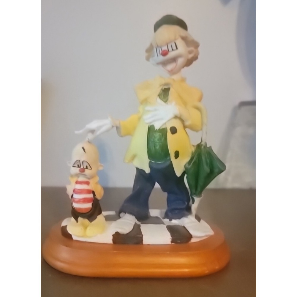 Vintage Price Products Clown  Figurine with Child and Umbrella on Wood Base 7.5"